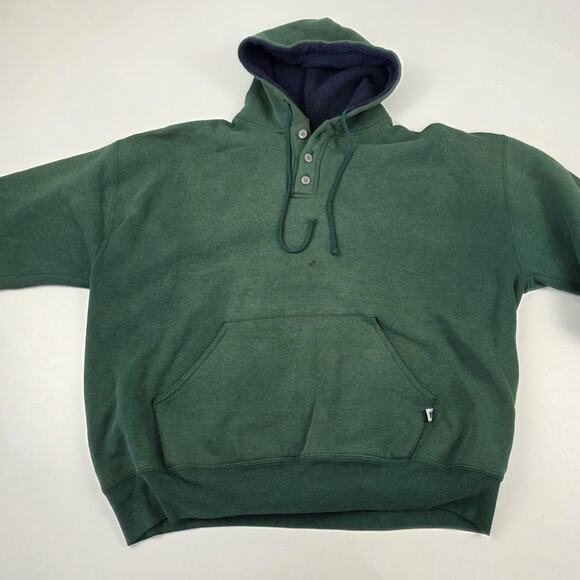 VINTAGE Russell Athletic Hoodie Mens 2XL Green Henley Thermal Lined Made USA 90s - Picture 2 of 12